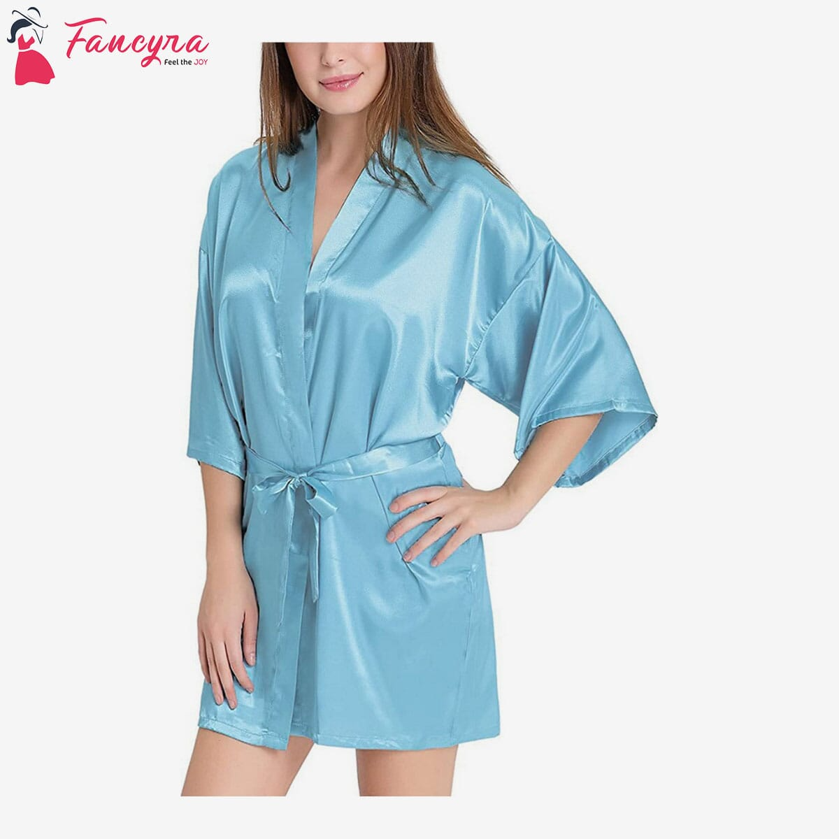 Fancyra - Women Sexy Nightwear Satin Babydoll Belted Kimono Robe Sleepwear Free Size Baby Blue