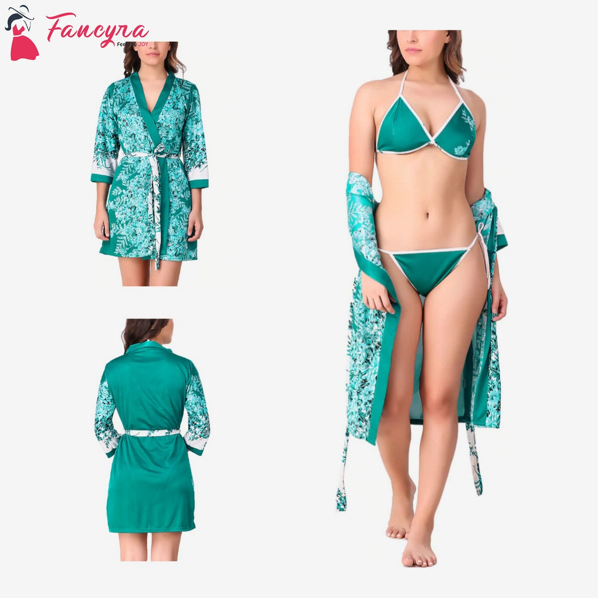 Fancyra - Women Floral Satin Nightwear Robe with Bra Panty Bikini Set Free Size