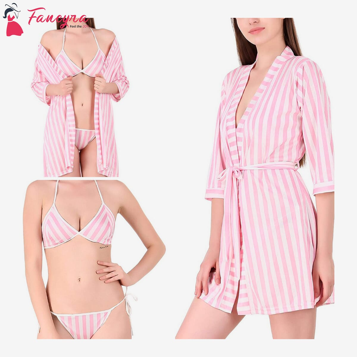 Fancyra - Women's Nightwear Robe Sleepwear with Bra Panty Bikini Set Free Size Pink