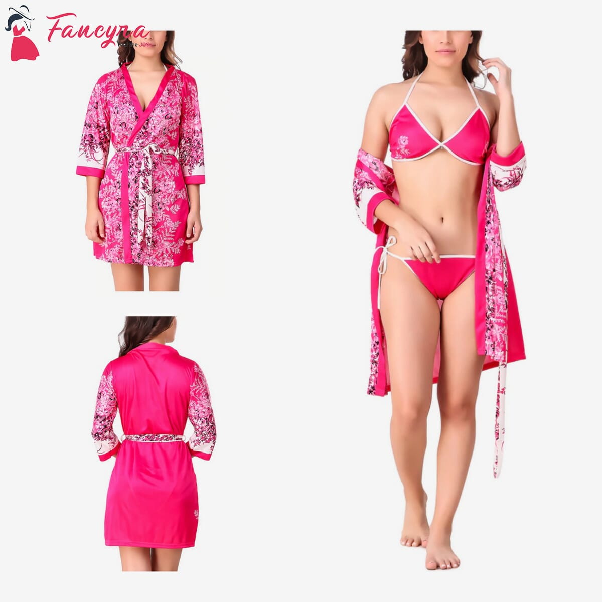 Fancyra - Women Floral Satin Nightwear Robe with Bra Panty Bikini Set Free Size Pink 