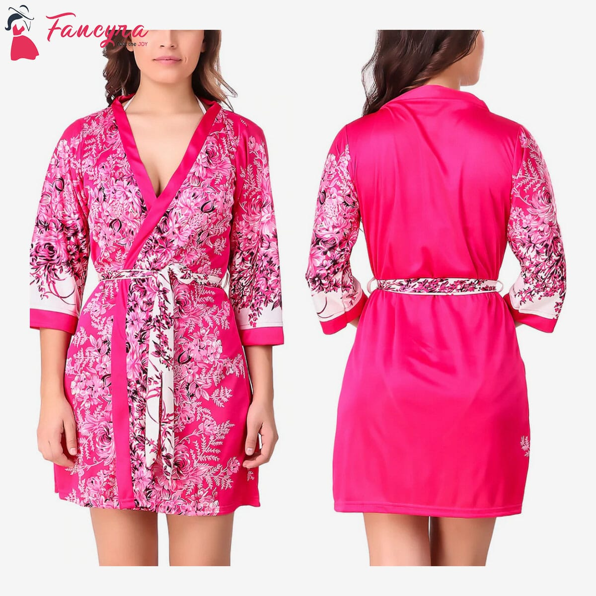 Fancyra - Women Satin Nightwear Robe with Bra Panty Set Free Size Pink