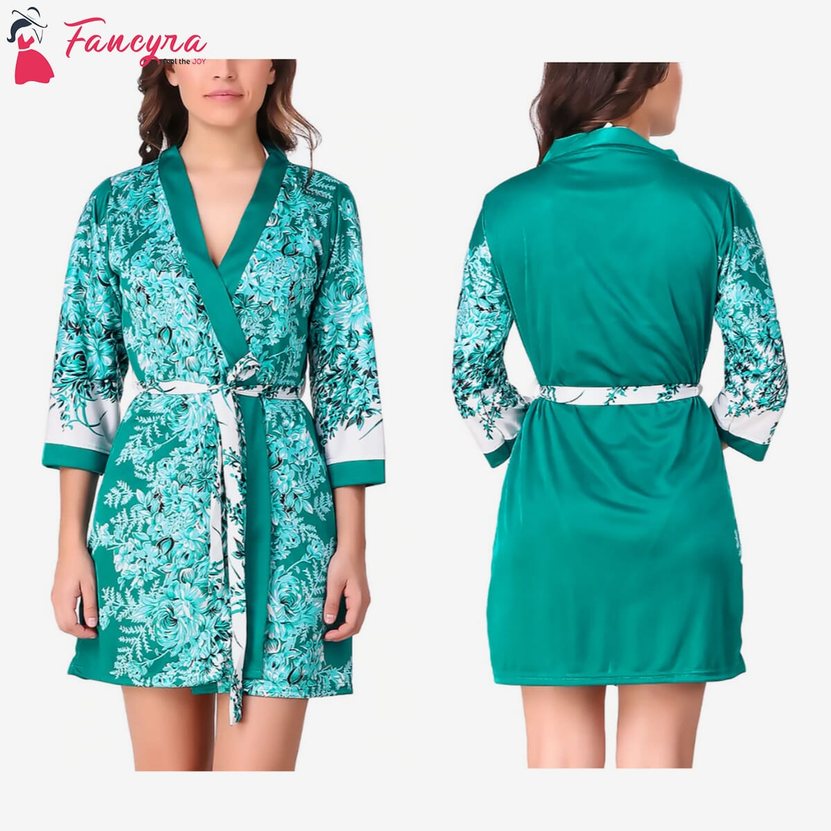 Fancyra - Women Satin Nightwear Robe with Bra Panty Set Free Size Green
