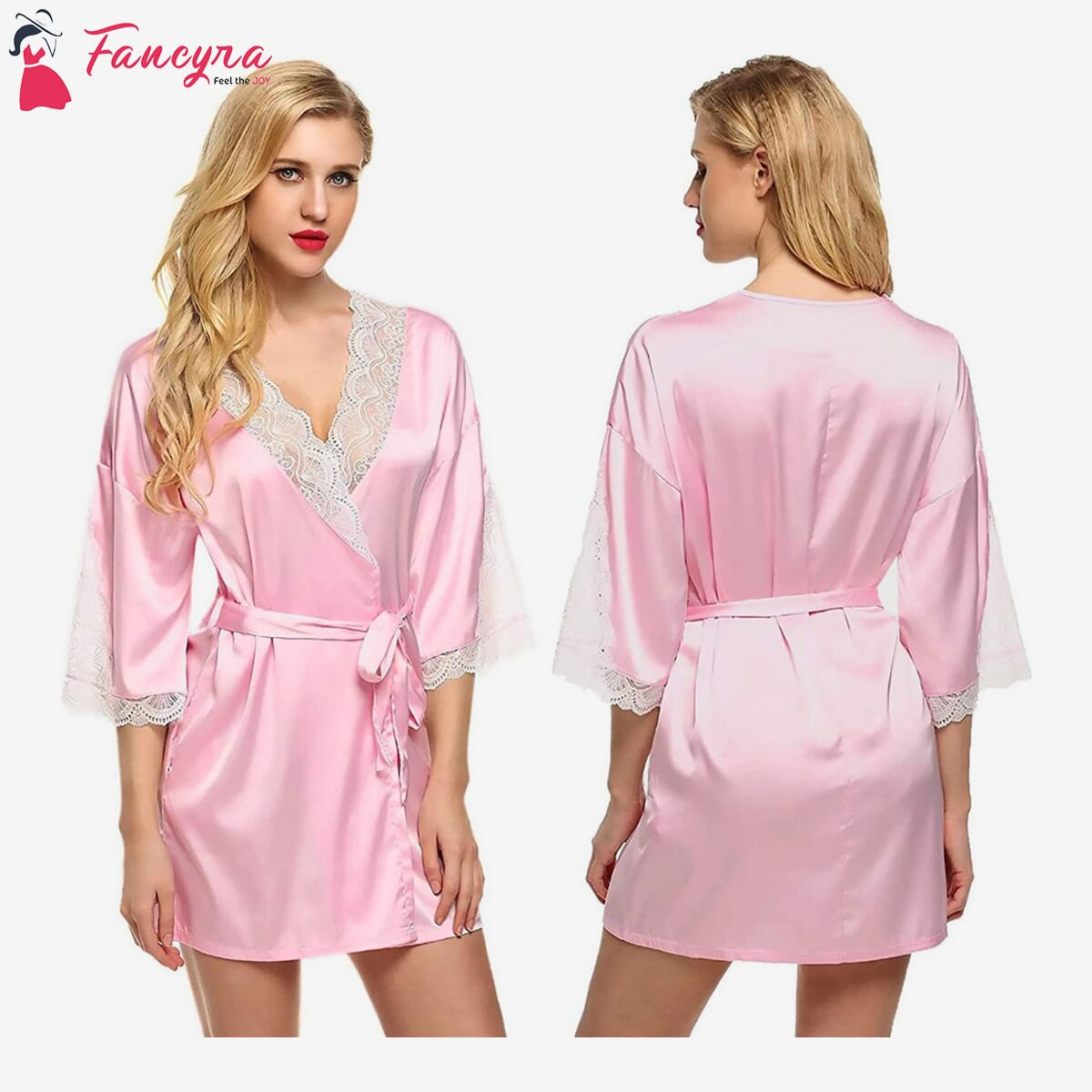 Fancyra - Satin Nightwear Kimono Robe V Neck Nightdress with Lace Design Free Size Light Pink 