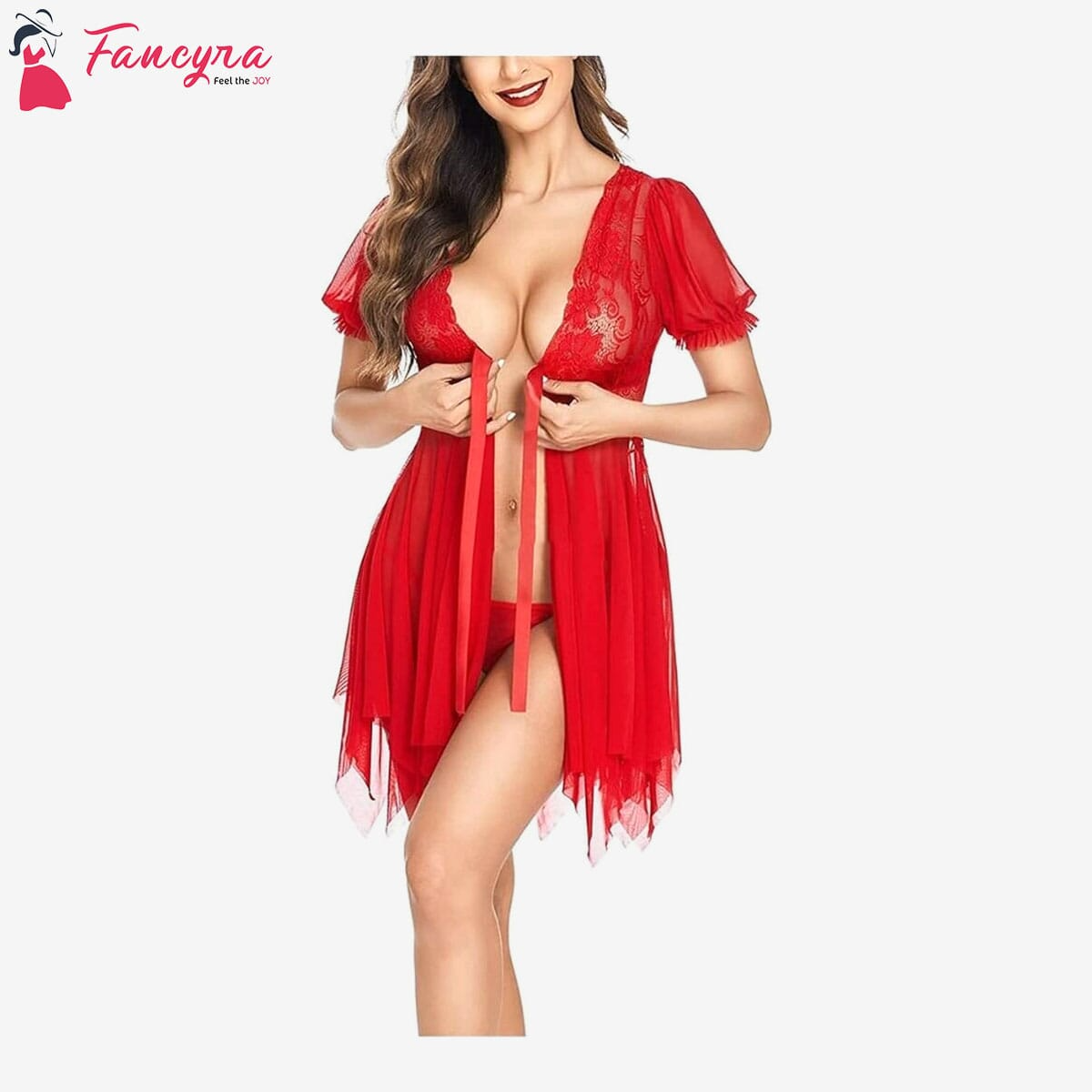 Fancyra - Red Sexy Babydoll Lingerie With G-String Night Gown For Women-Free Size