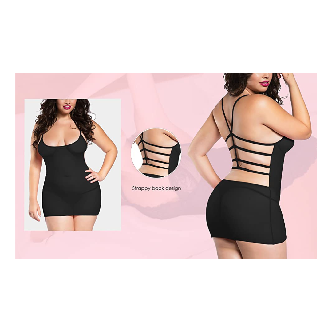 Fancyra - Women Sexy Nightwear Polyester Spandex Mix Solid Midi Babydoll Sleepwear Lingerie With GString Panty Free Size Black