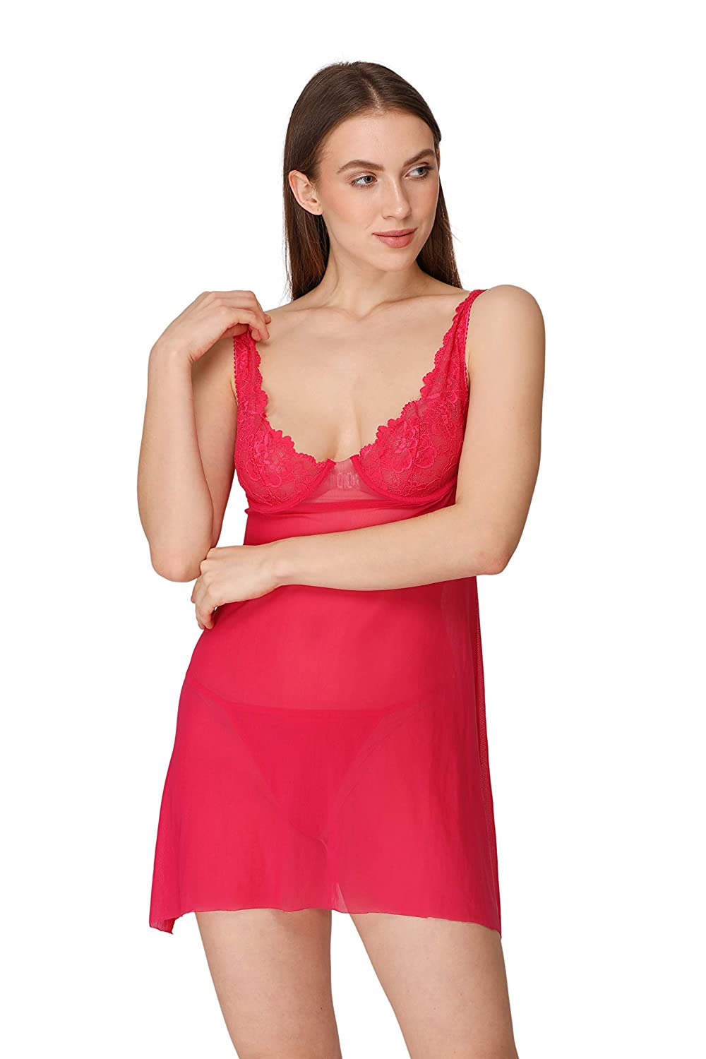 Fancyra - Women Sexy Nightwear Lace Solid Above Knee Babydoll Sleepwear Lingerie With G String Panty Free Size Pink