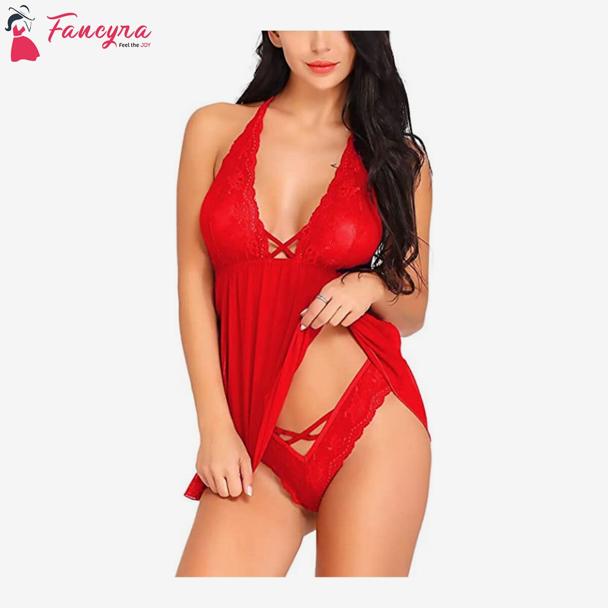 Fancyra - Women Sexy Nightwear Lace & Polyamide Spandex Floral Above knee Baby Doll Sleepwear With G String Panty Free Size Red