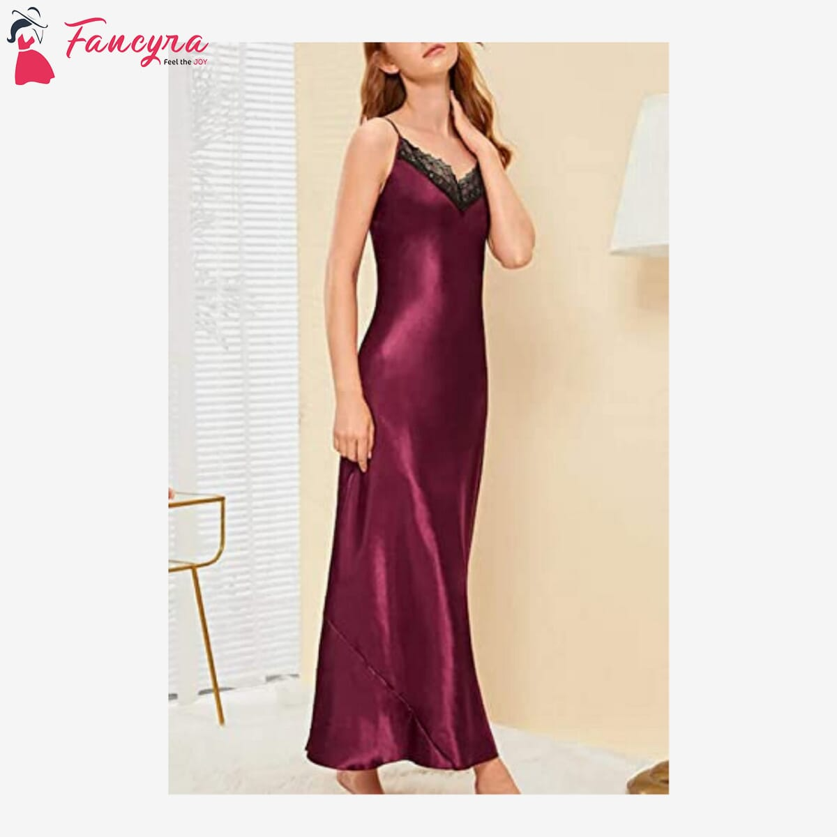Fancyra - Women's Nightdress Lace Satin Nightgowns Sleepwear Free Size Wine