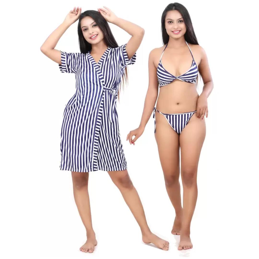 Fancyra - Women Stripe Satin Nightwear Robe Nightdress with Bra Panty Lingerie Bikini Set Free Size Black