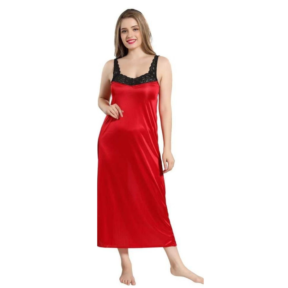Fancyra - Women Satin Solid Maxi Sleepwear Nightwear Nighty Free Size Red Color