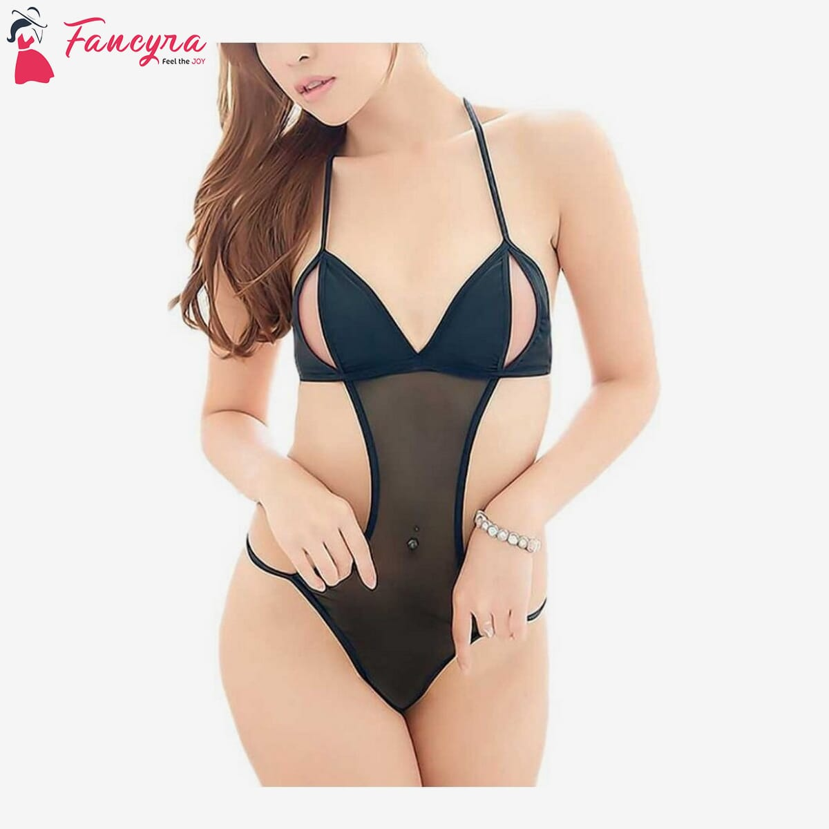 Fancyra - Women Sexy Nightwear Lingerie Satin Baby Doll with G String Free Size Black Color