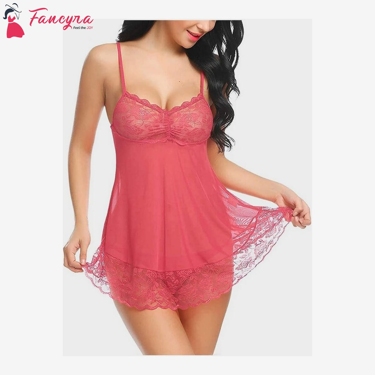 Fancyra - Women Sexy Sleepwear Babydoll Lingerie Set for Women With G String Panty Free Size Pink 