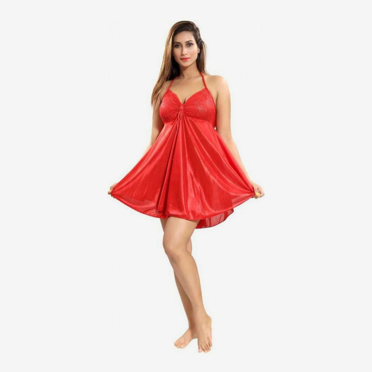Fancyra - Women Sexy and Beautiful Nightwear Satin Blend Babydoll Sleepwear Dress Free Size Red
