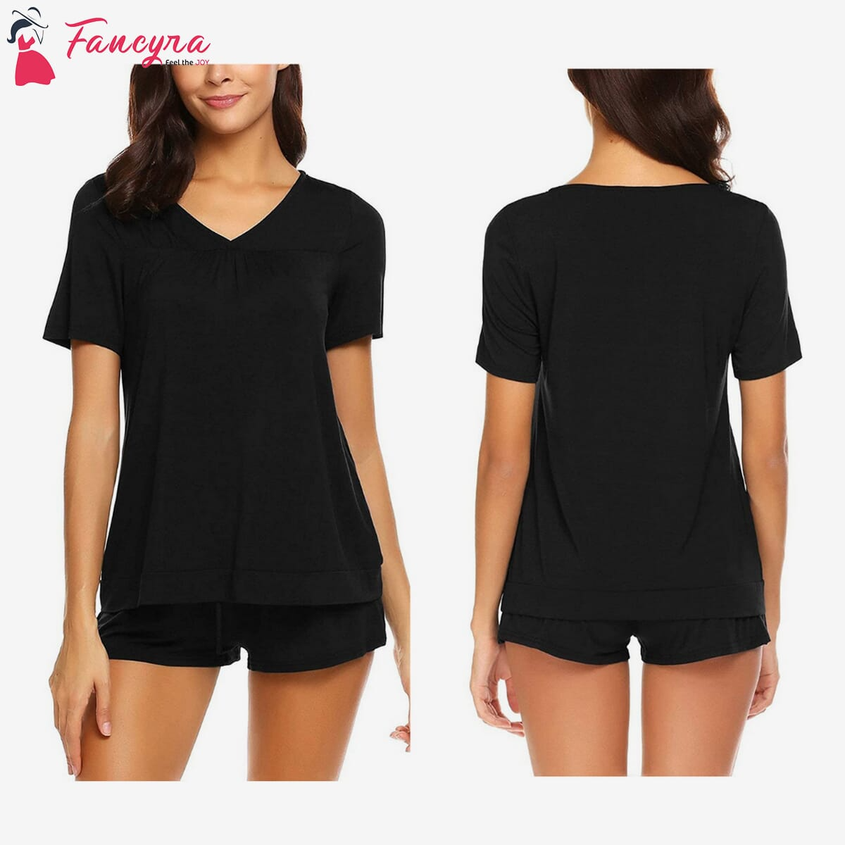 Fancyra - Women's Shorts Pajama Set Short Sleeve Nightwear Free Size Black