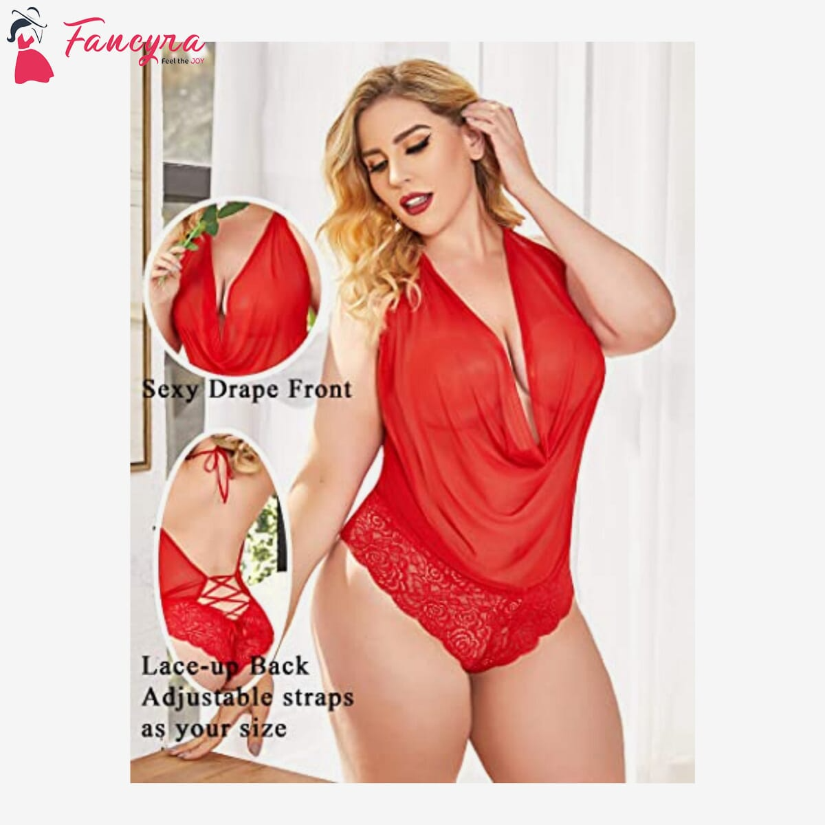 Fancyra - Women Sexy Nightwear Lingerie Teddy One Piece Lace Halter Sleepwear Babydoll Bodysuit Free Size Red