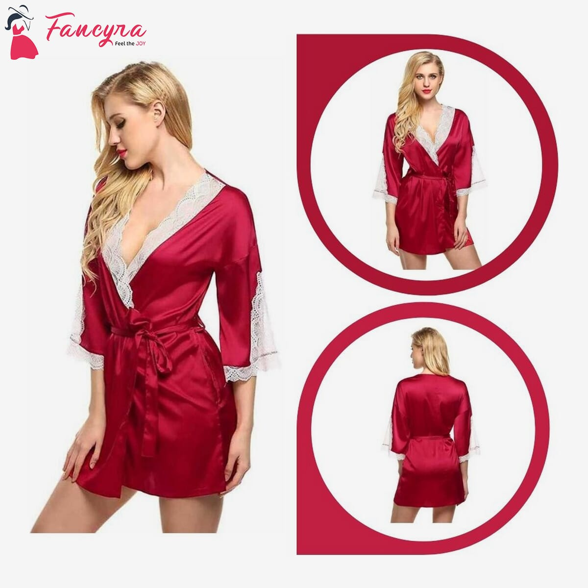 Fancyra - Womens Satin Robe Lightweight Nightwear Nighty Rose Red