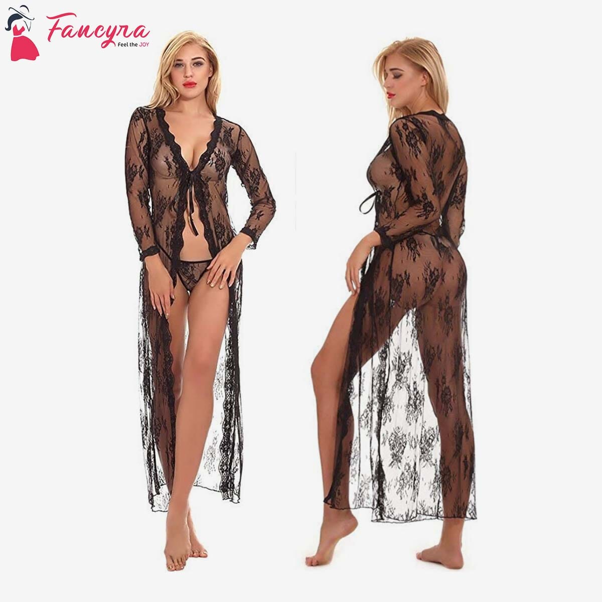 Fancyra - Women'S Full Long Net Sexy Floral Print Babydoll Nightwear Lingerie Sleepwear For Honeymoon With G-String Free Size Black