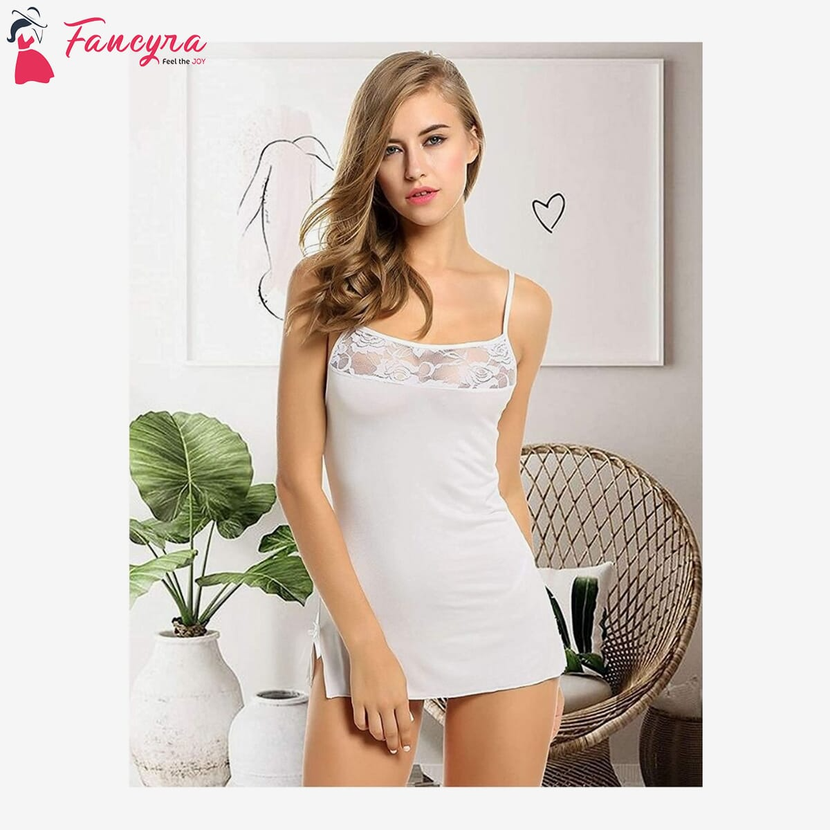 Fancyra - Women Sexy Nightwear Lingerie Net Solid Above knee Babydoll Sleepwear With G String Panty White Color Free Size