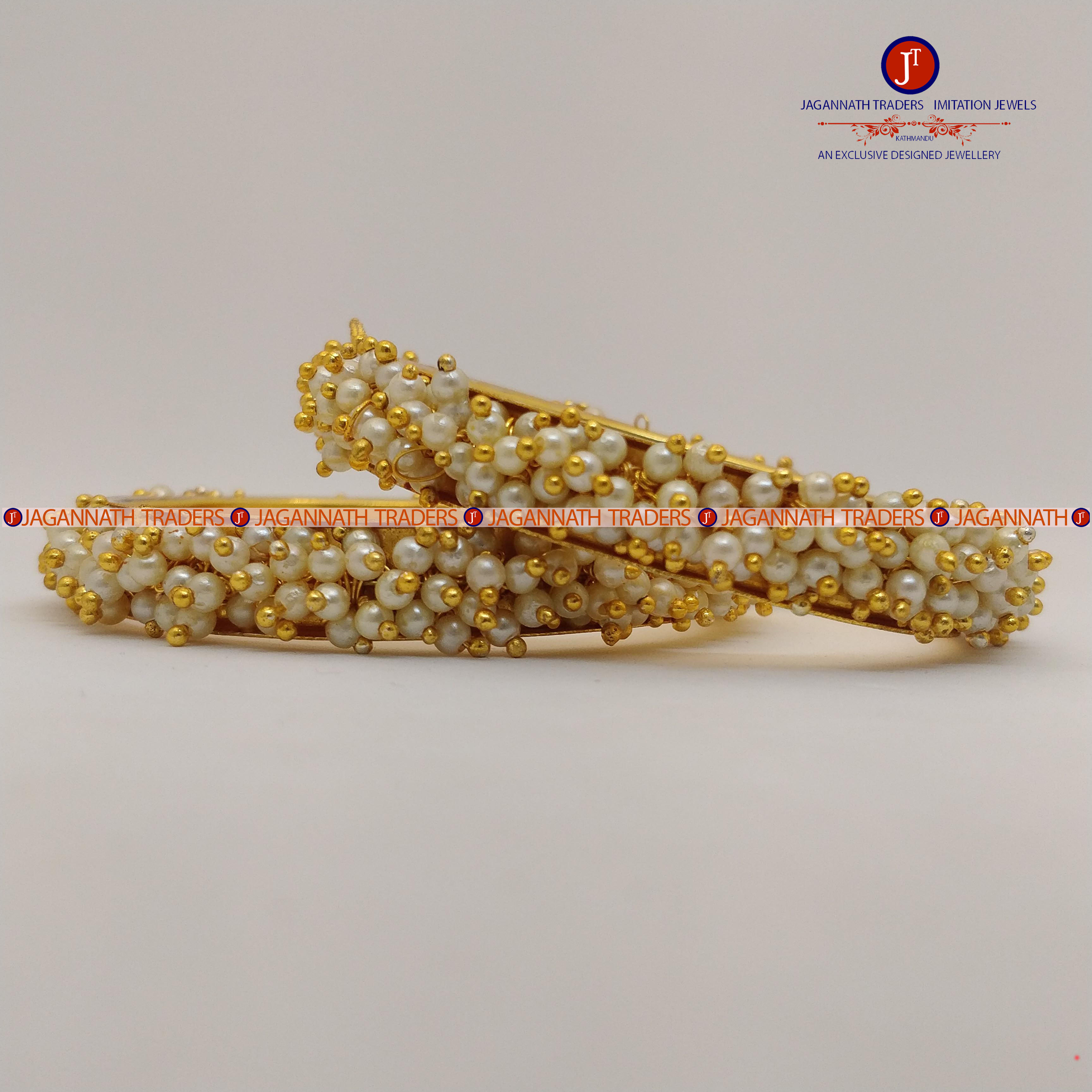 Faux Moti Beaded Metal Bangles For Women- 2 Pcs