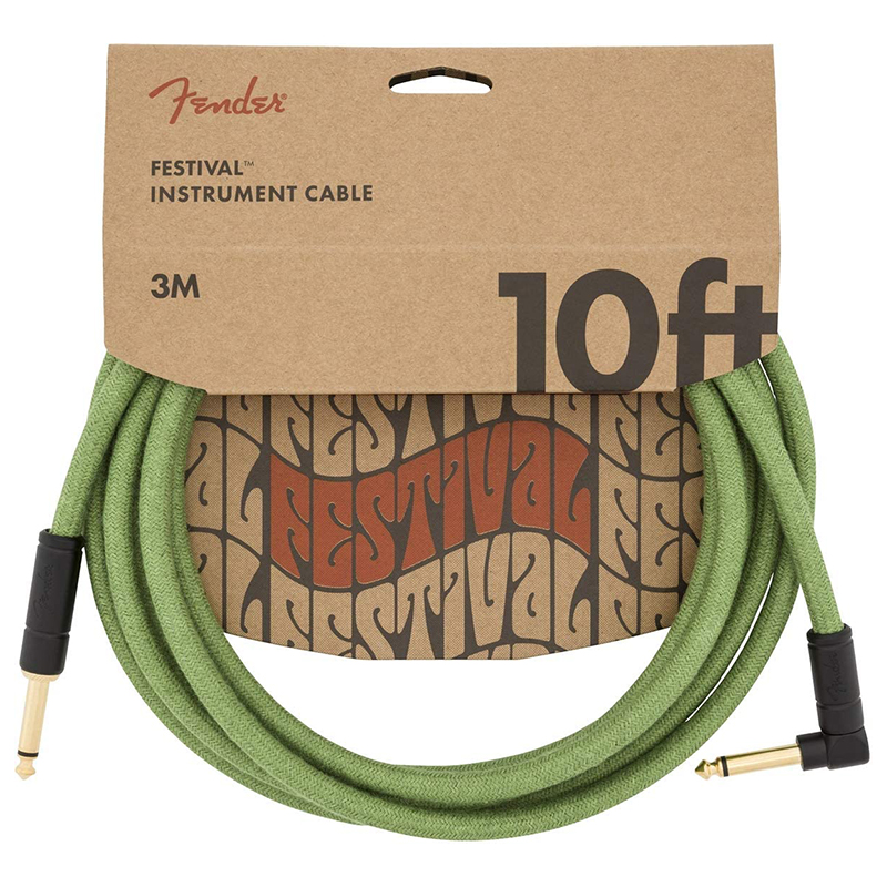 Treasure Music - Fender Festival Hemp Angled Instrument Cable, 10ft, Pure Hemp, Green