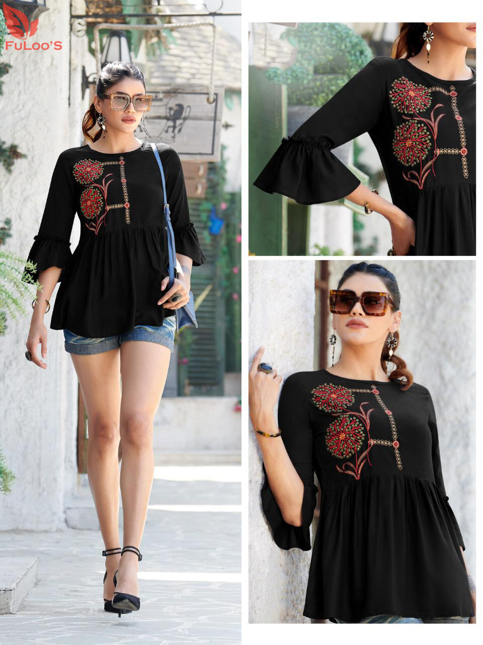 Fuloo Glazier Rayon Tops With Embroidery For Women # 1028