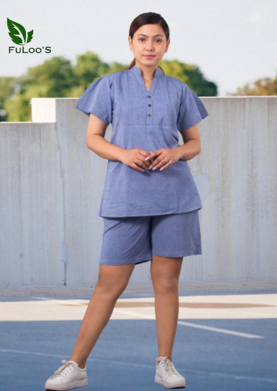 FuLoo’s 2 Piece Cotton Outfits For Women-Blue-XXL