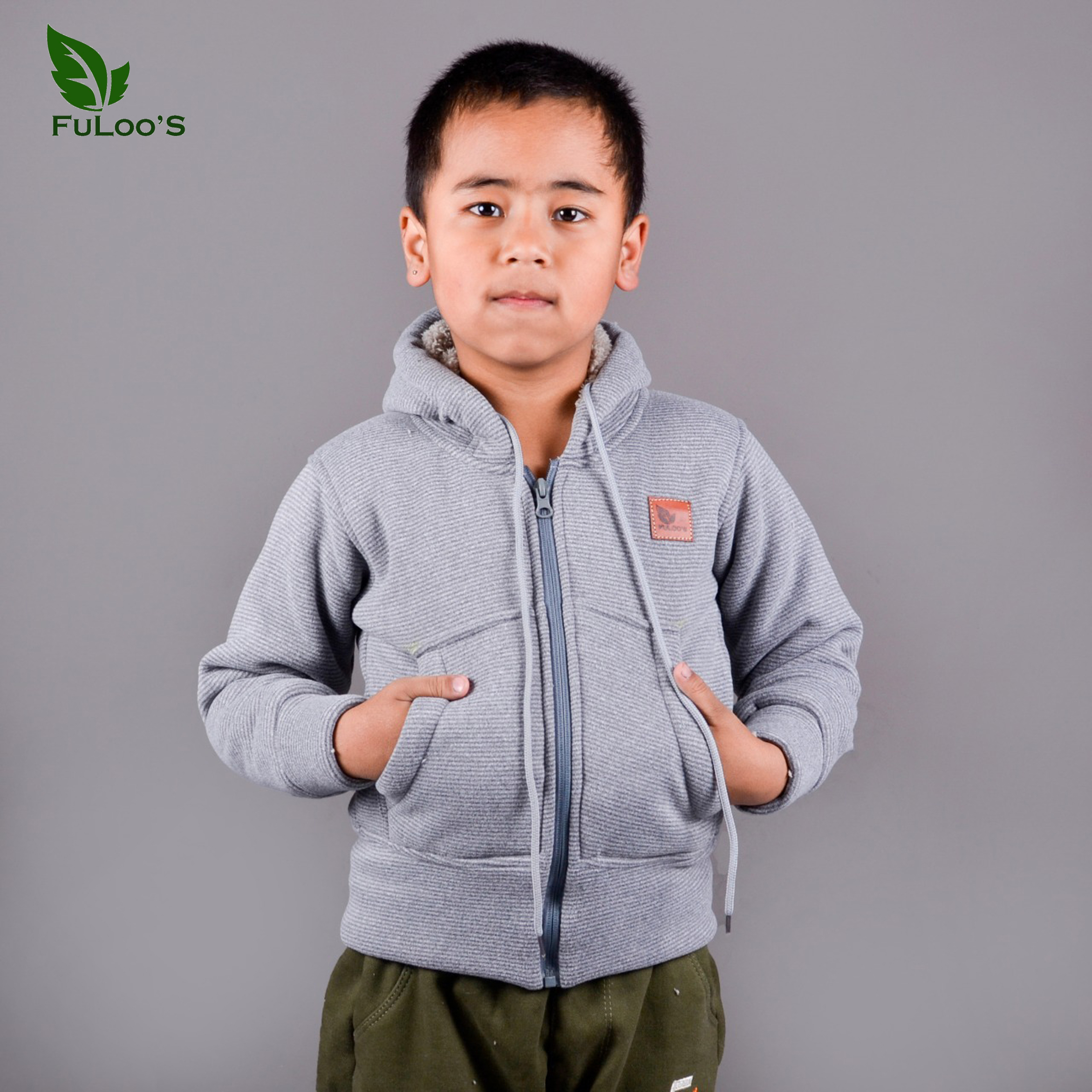 Fuloo's Boy Kids Sherpa Hoodie with Fur for Kids-Gray-S