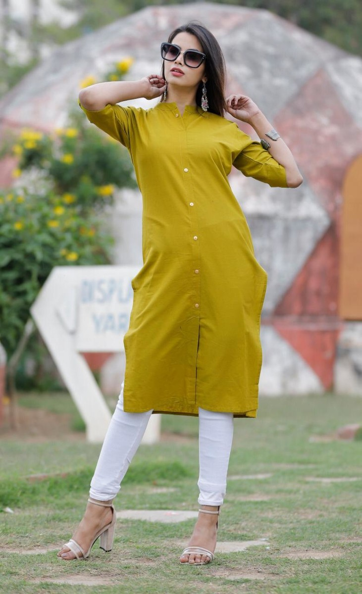 FuLoo'S Cotton Front Slit Solid Kurti-Olive-XL