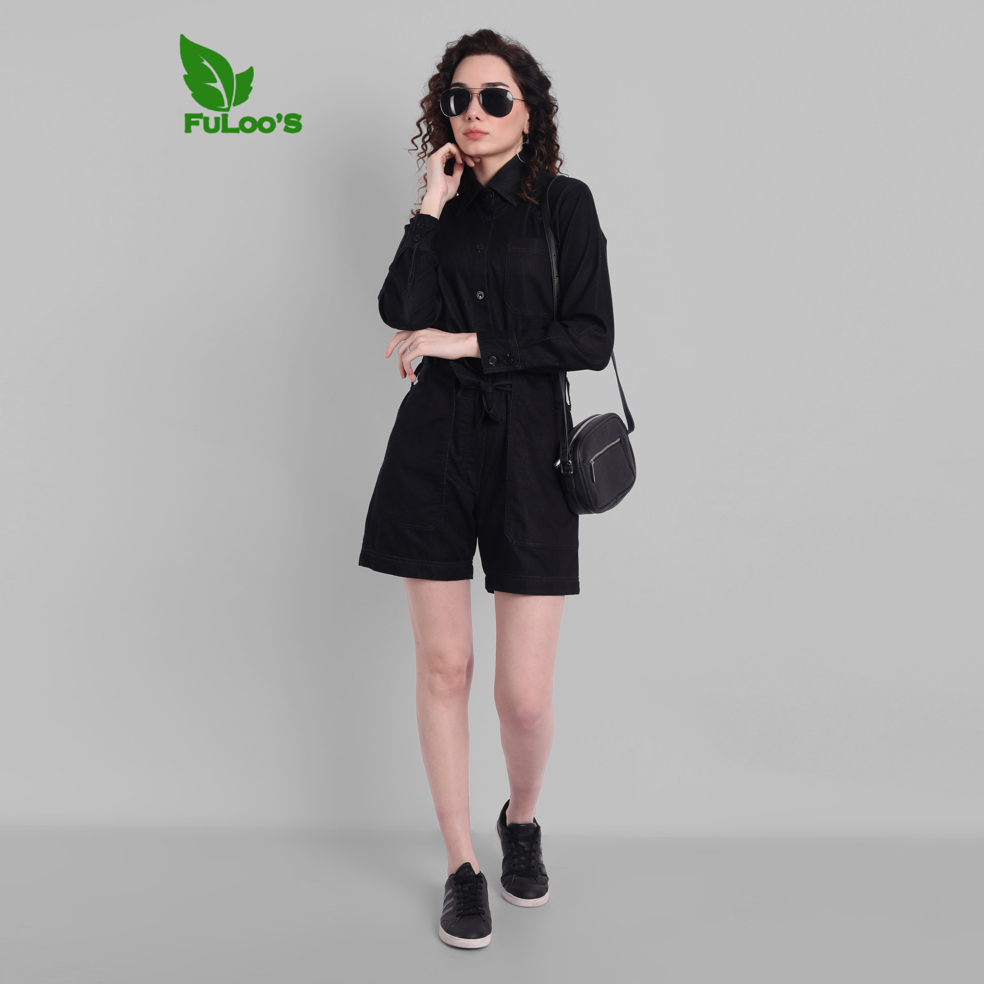 Fuloo's Denim Playsuit for Women-Charcoal-44