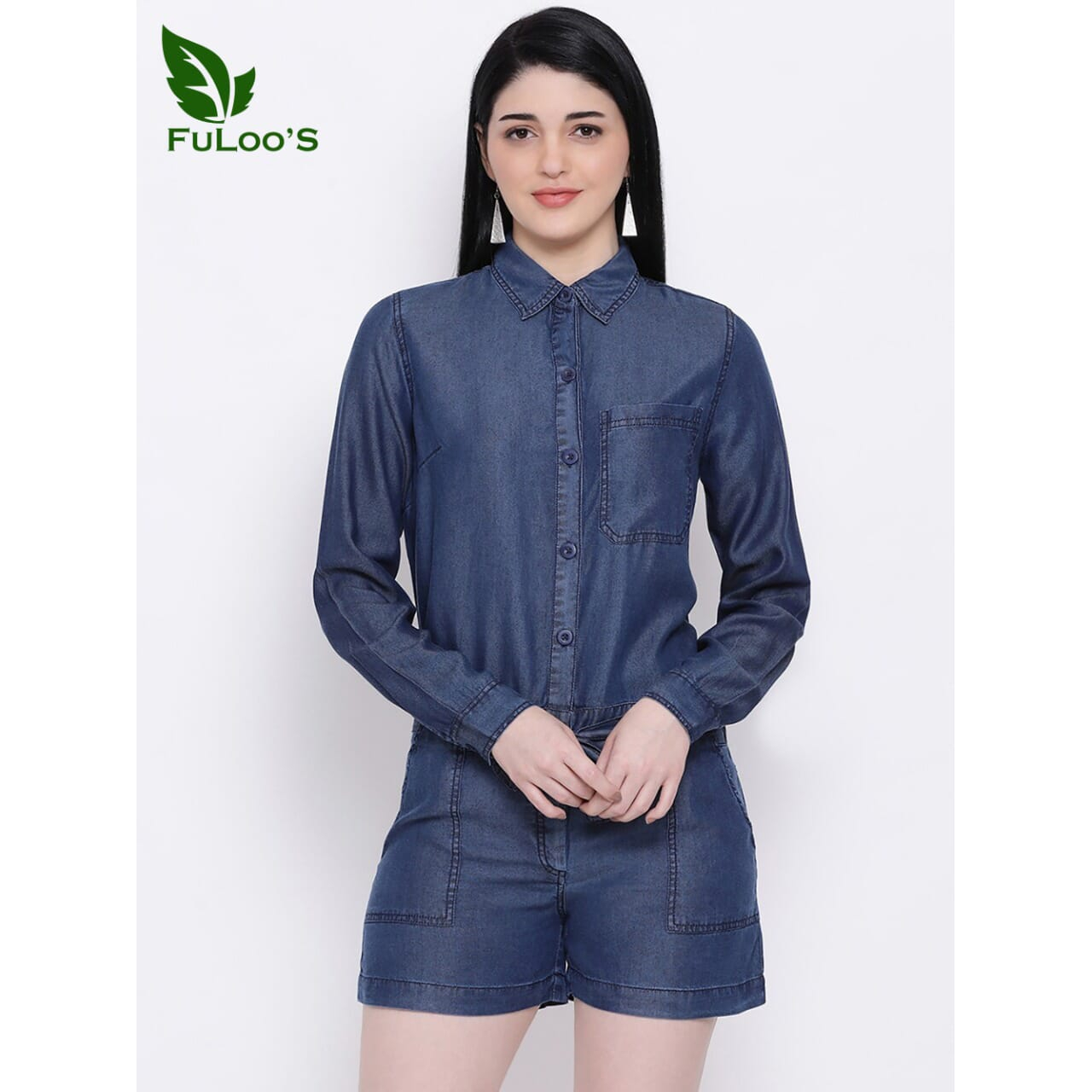 Fuloo's Denim Playsuit for Women-Navy-38