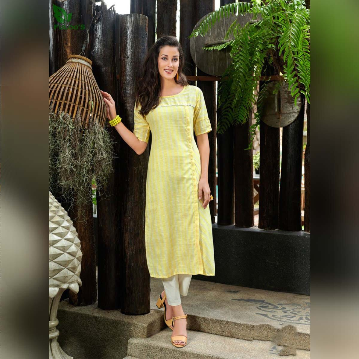 FuLoo's Fizzle Cotton designer Kurti Only #Lime Yellow