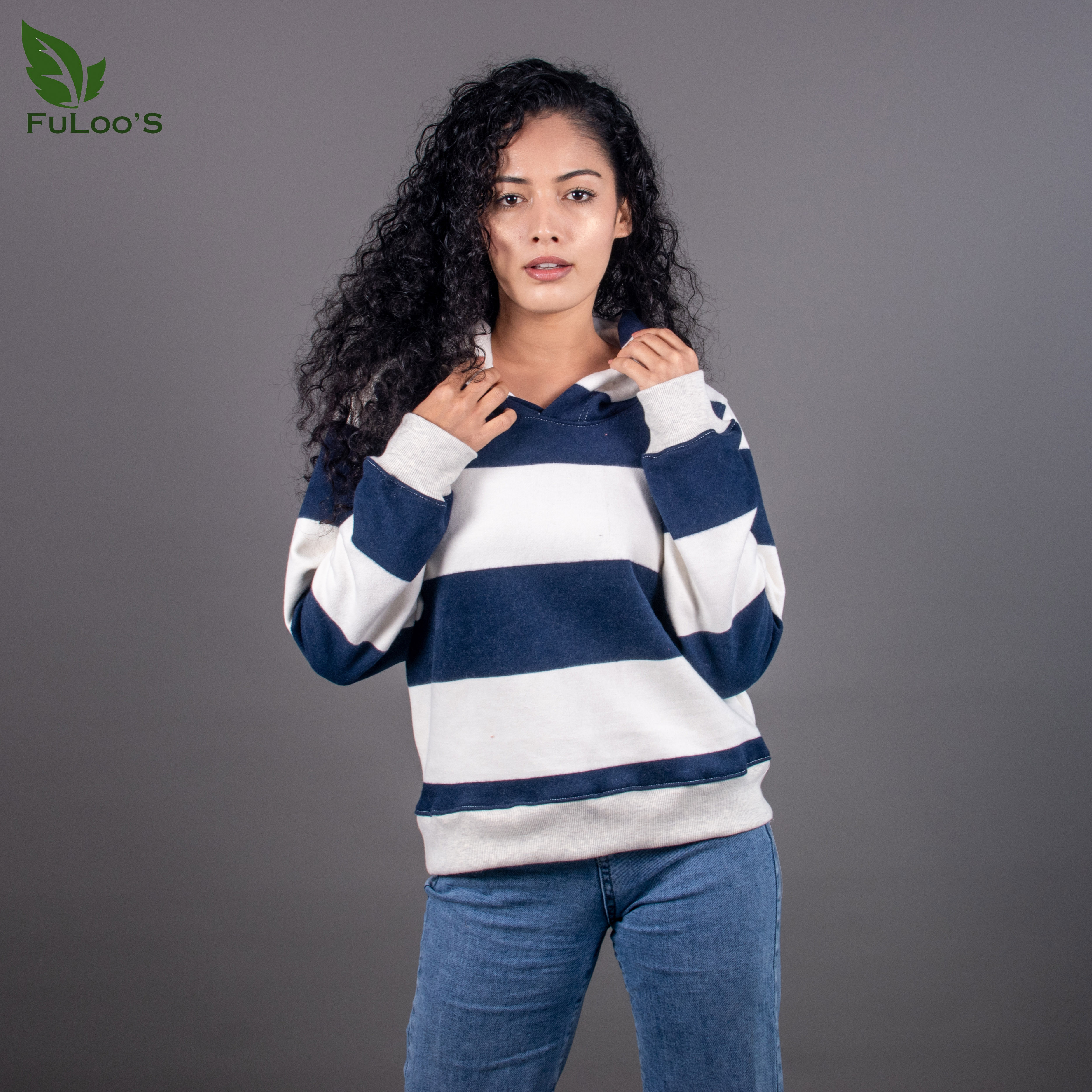 Fuloo's Horizontal Striped Pullover Hoodies for Women-Blue-XL