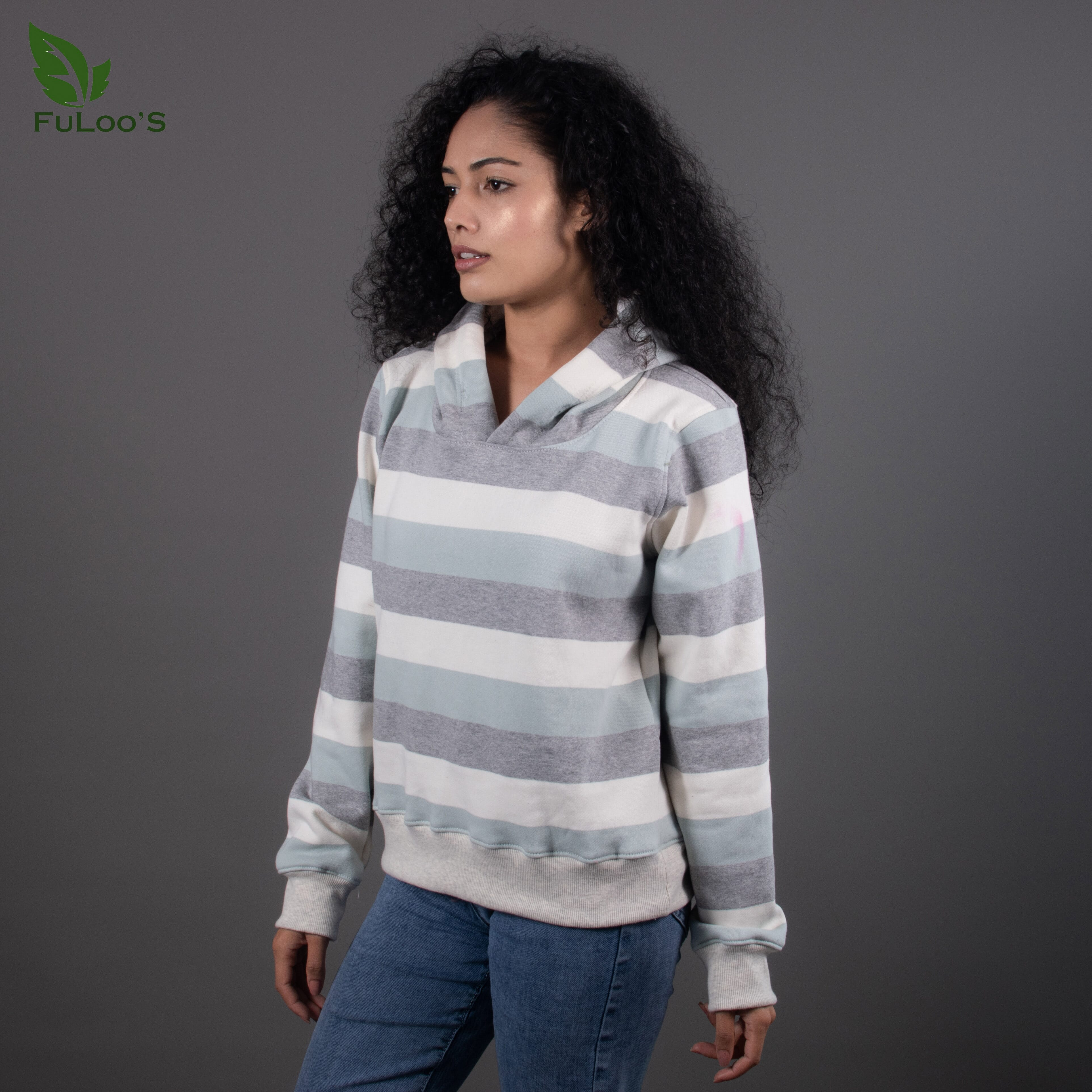 Fuloo's Horizontal Striped Pullover Hoodies for Women-Gray-XXL