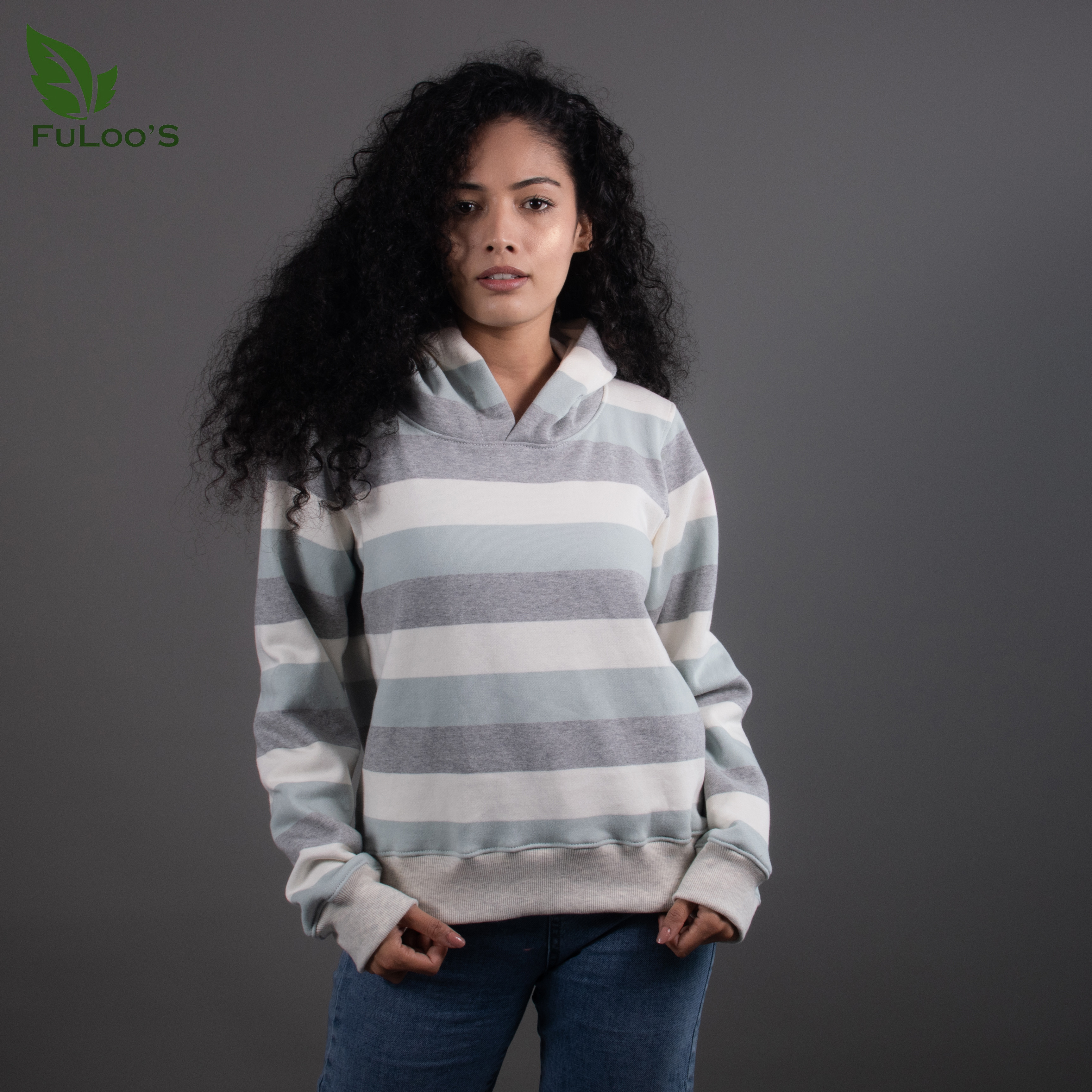 Fuloo's Horizontal Striped Pullover Hoodies for Women-Gray-M