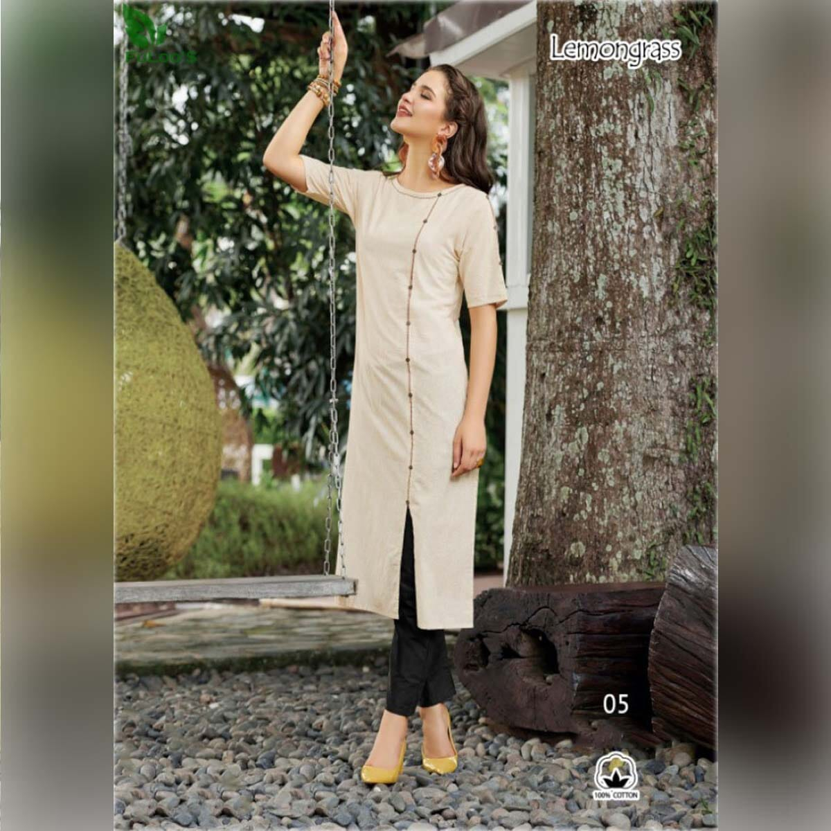 FuLoo's Lemongress Pure Cotton designer Kurti #Cream