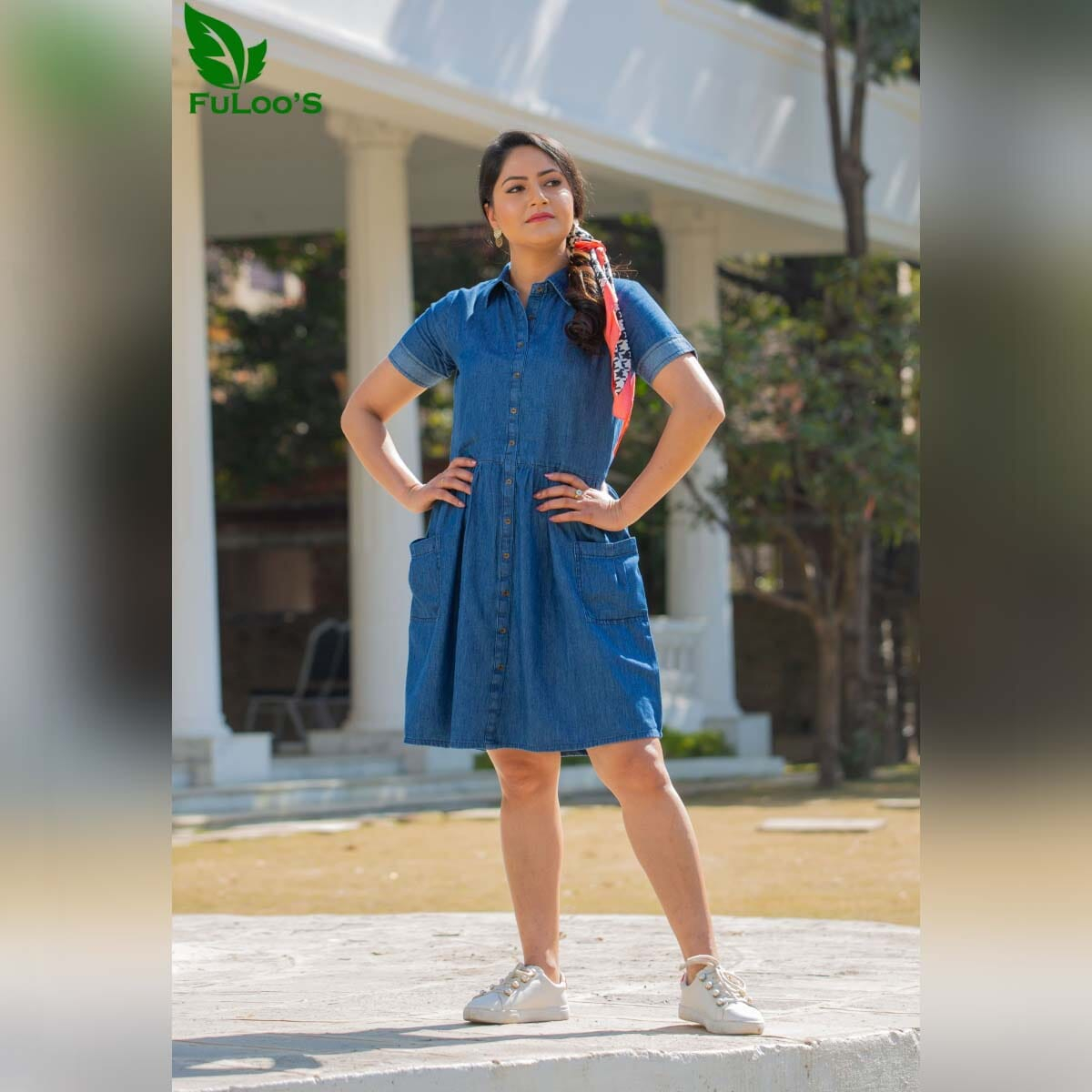 Fuloo's Lima Blue Solid Denim Dress for Women