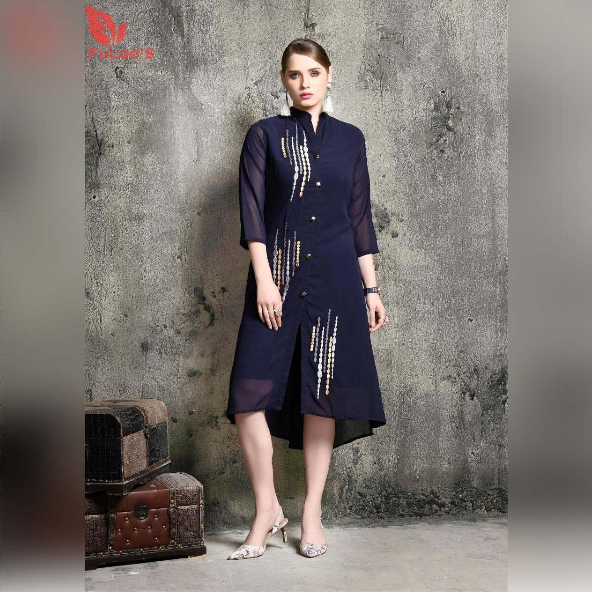 FuLoo's Magic Soft Georgette Dress in Navy Blue #1238