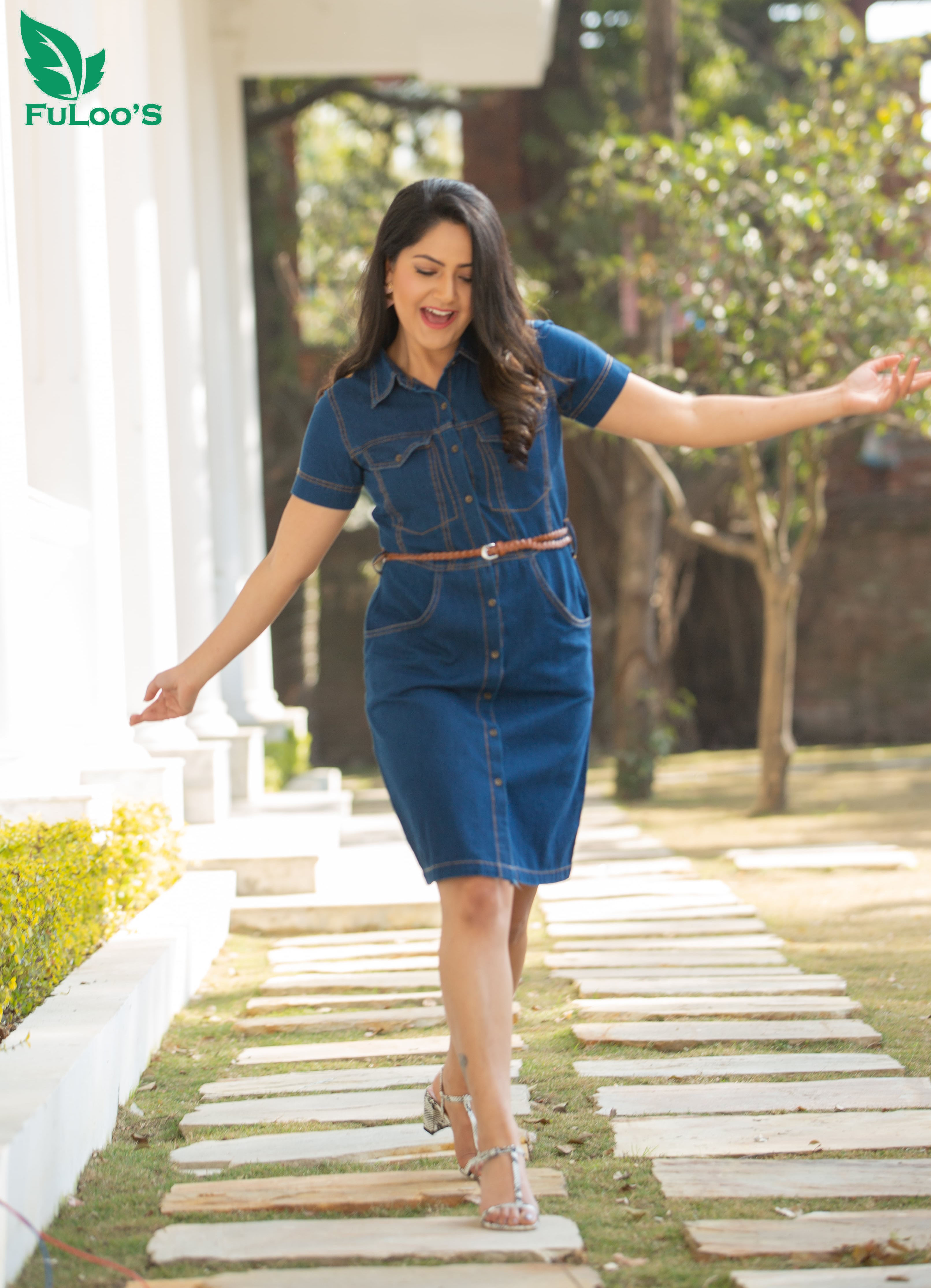 Fuloo's Rio Blue Solid Denim One Piece Summer Dress For Women