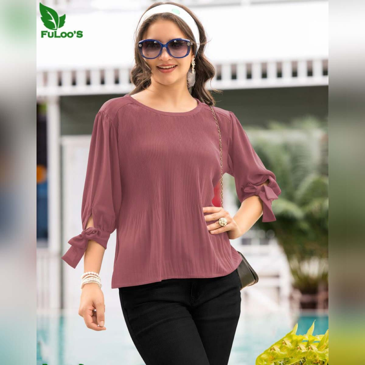 FuLoo's Select Fancy Blended Fabric Tops for Women-Maroon-XXL