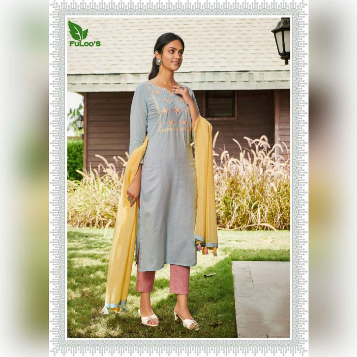 FuLoo’S Simi Cotton Embroidered Kurtis with Pants and Chunni #01