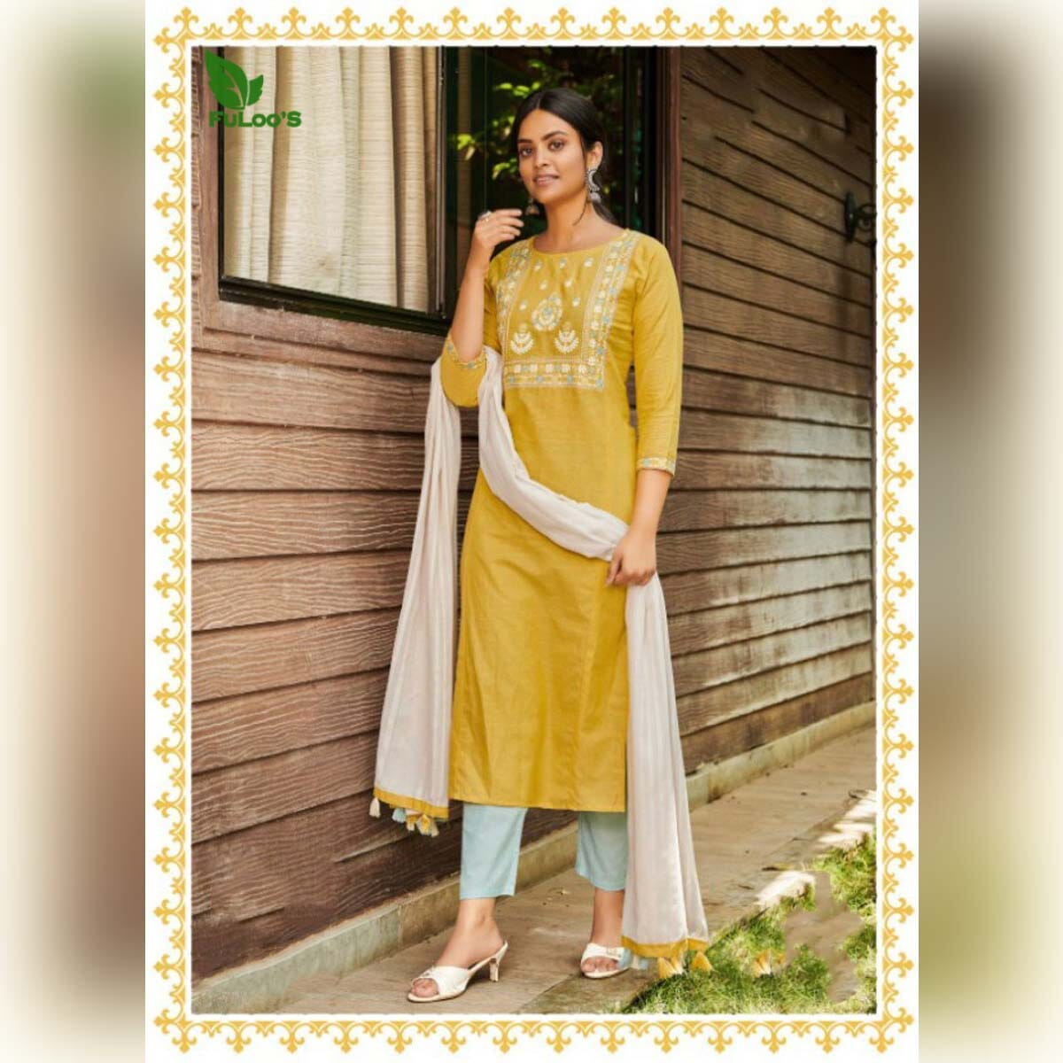 FuLoo’S Simi Cotton Embroidered Kurtis with Pants and Chunni #04