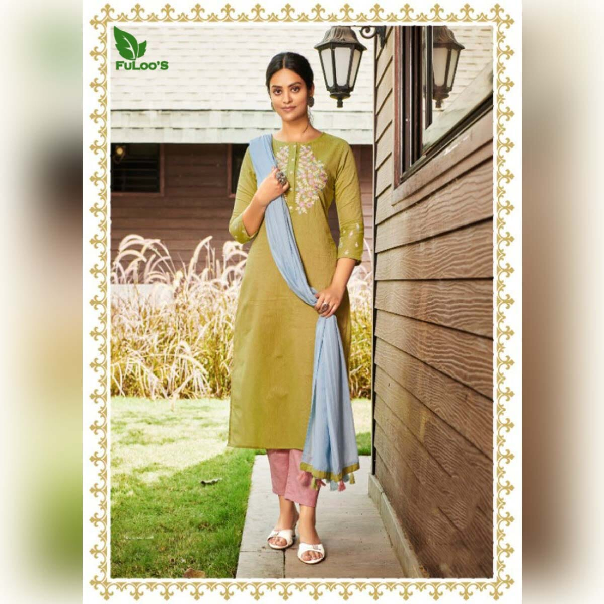 FuLoo’S Simi Cotton Embroidered Kurtis with Pants and Chunni #03