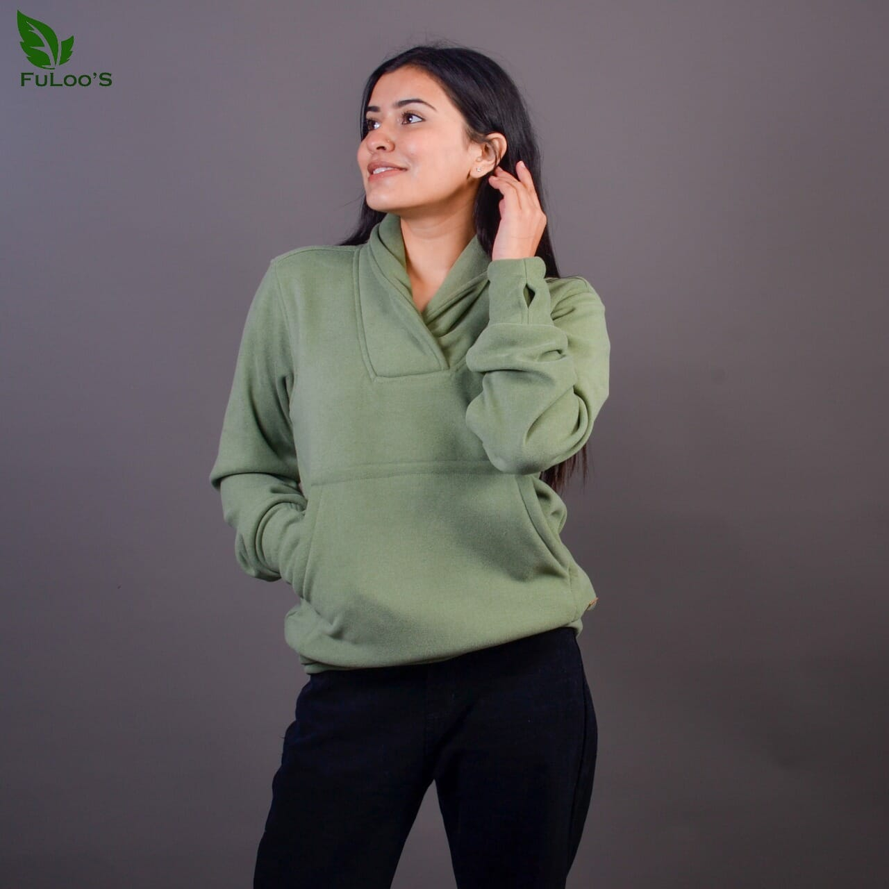 Fuloo's V-Neck Pullover in Premium Fabric for Women-Green-XL