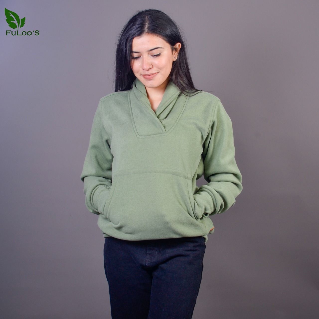 Fuloo's V-Neck Pullover in Premium Fabric for Women-Green-L