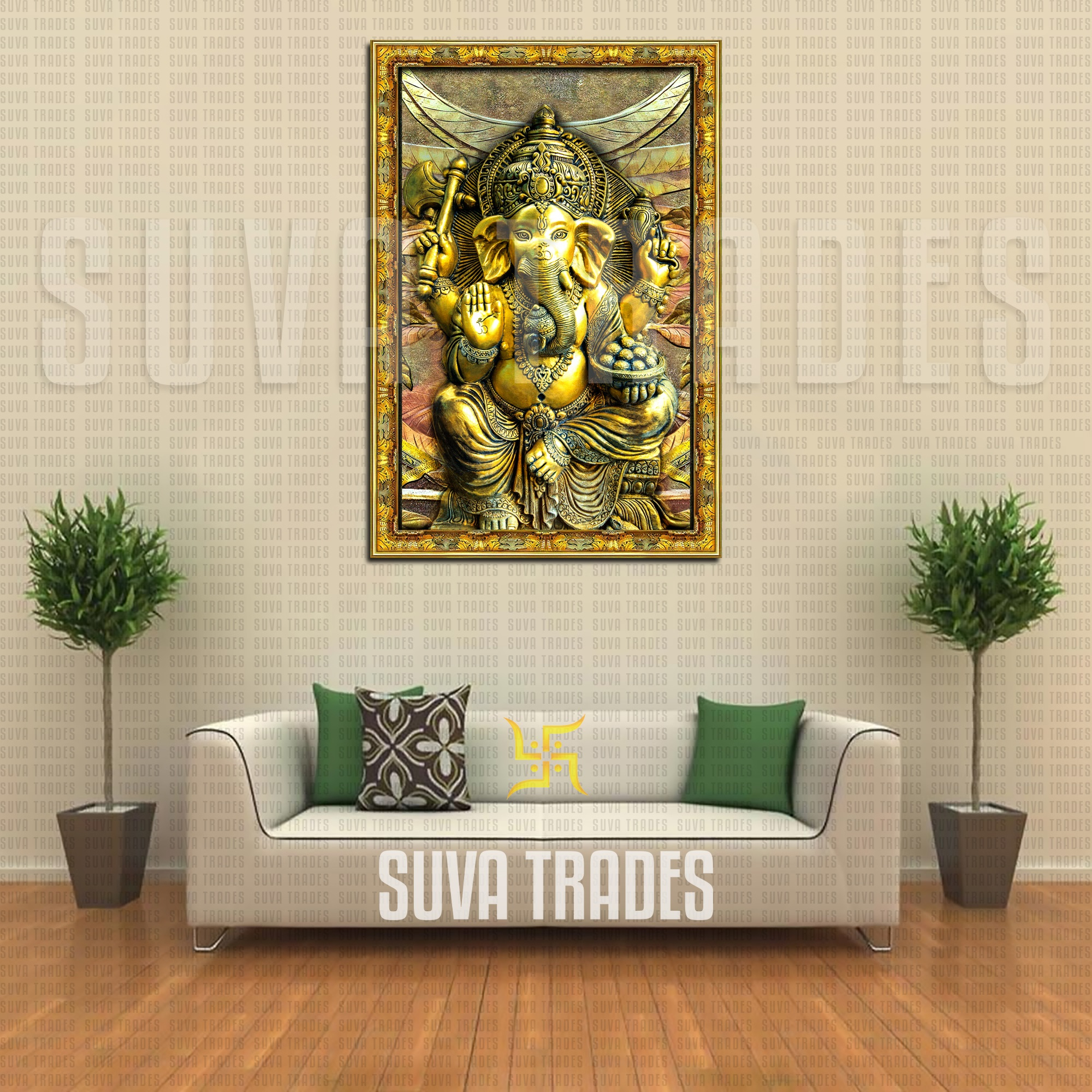 Golden Ganesh God Wall Hang Canvas Print With Wooden Frame by Suva Trades