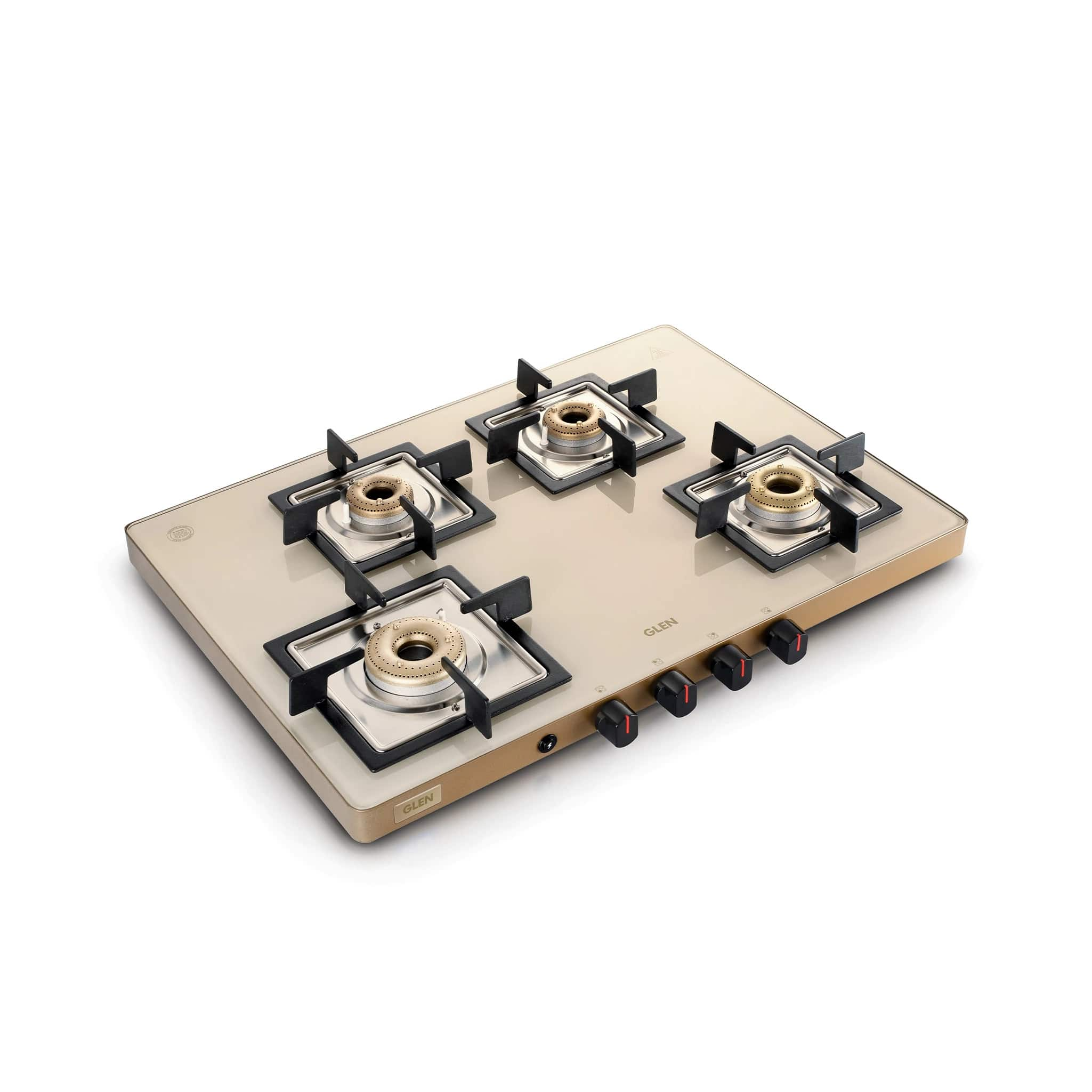 Glen 1047 Us Ac Ultra Slim Apricot Automatic Ignition - 4 Burner Ultra Slim Apricot Glass Gas Stove 1 High Flame 3 Forged Brass Burner 