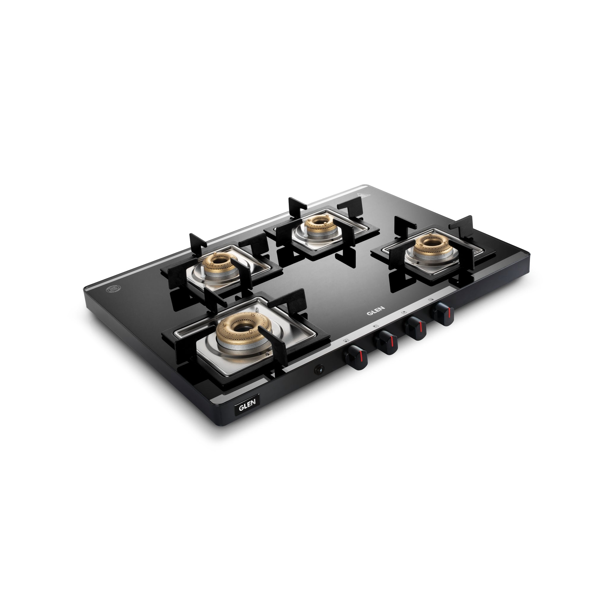 Glen 1047 Us Mi Ultra Slim Mirror Manual Ignition - 4 Burner Ultra Slim Mirror Glass Gas Stove 1 High Flame 3 Forged Brass Burner - Manual 