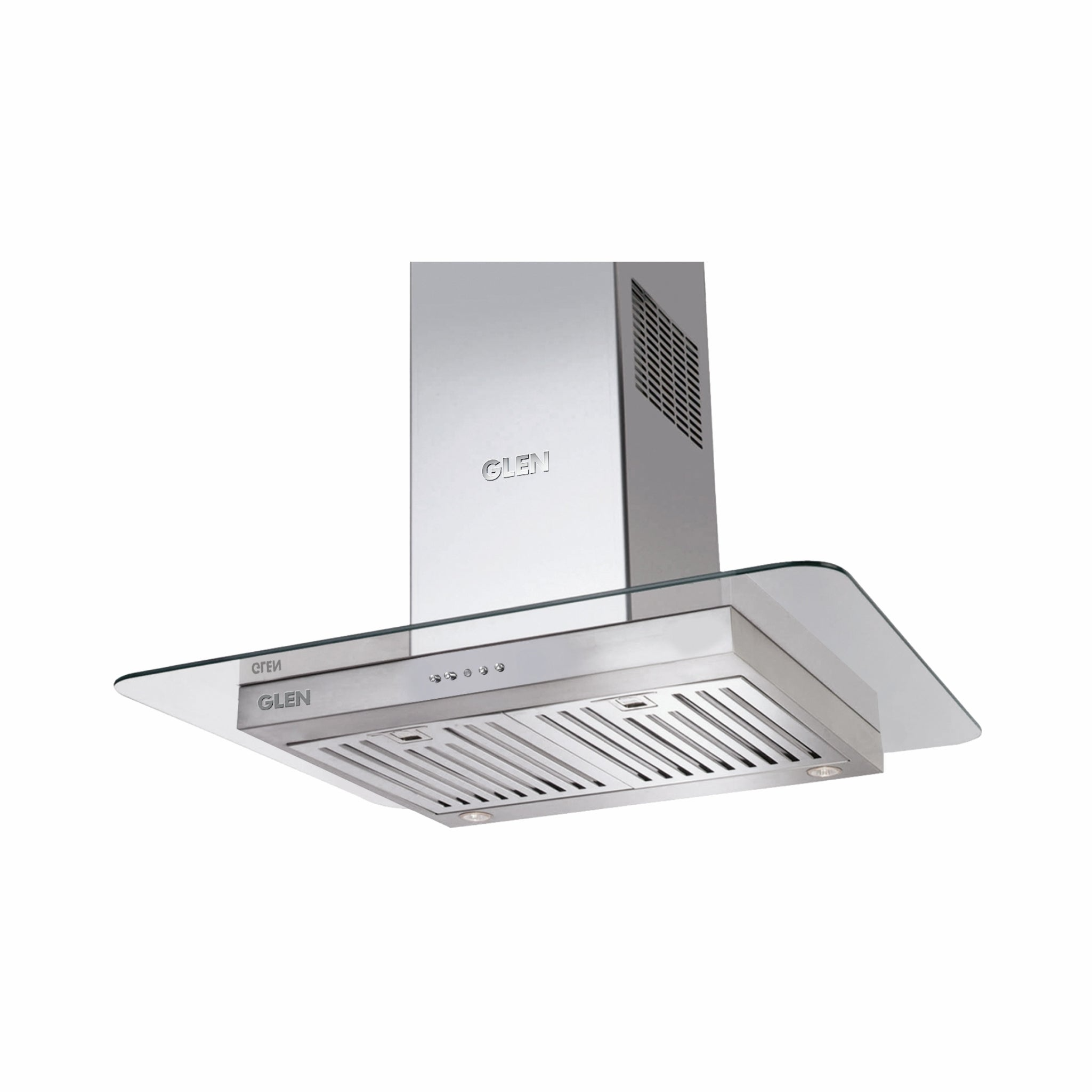 Glen Ch1022 Ss Island Chimney - Island Kitchen Chimney Glass Push Button Italian Motor, Baffle filters 60cm 1250 m3/h -Silver (1022 IS)