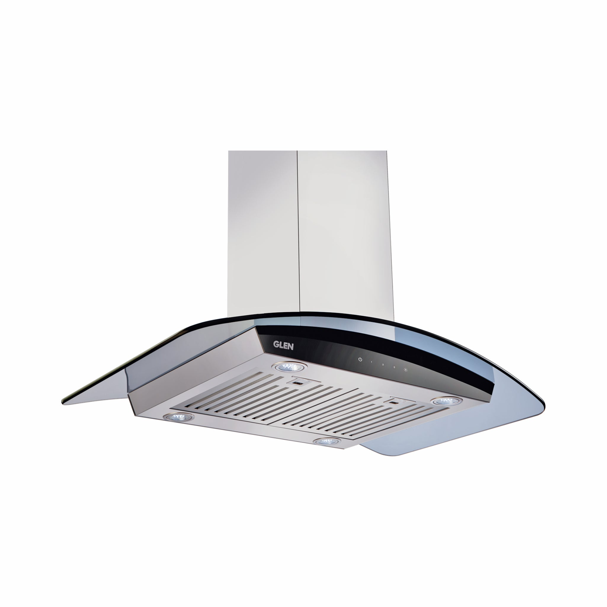 Glen Chimney 6071 Island 90cm Touch Panel - Island Kitchen Chimney Curved Glass Touch Control Italian Motor Baffle filters 90cm 1250 m3/h -Silver (6071 TSIS)