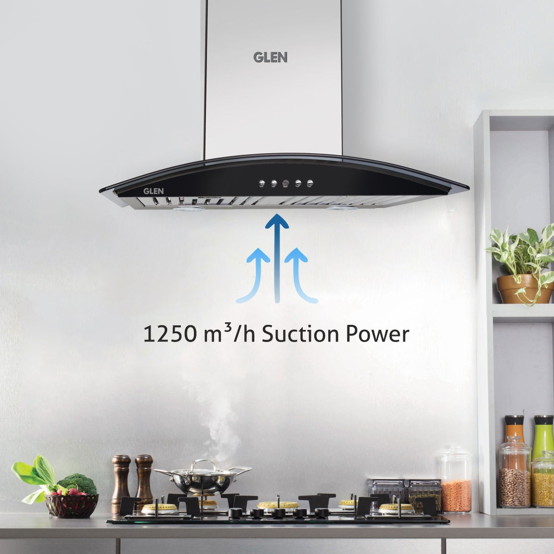 Glen Chimney Ch 6071 Split Island 90cm Push Button - Kitchen Chimney Split Curved Glass Push Buttons Italian Motor, Baffle filter 60cm 1250 m3/h -Silver (6071 Split)